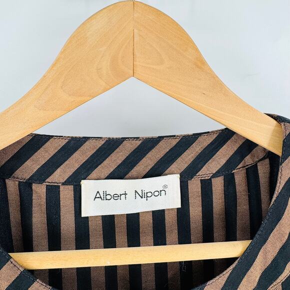 Vintage Albert Nipon Striped Button Front Midi Dress Brown Black Long Sleeve - Picture 3 of 9